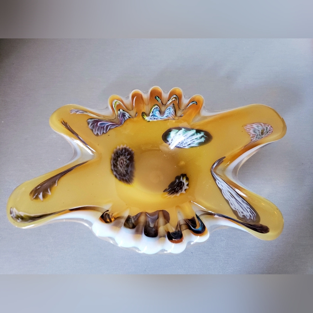 Vtg Murano Millefiori Alabaster White Amber Blown Glass Ashtray Italy